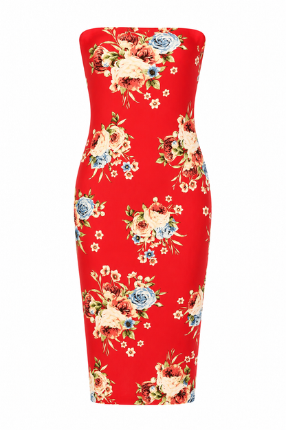 Floral Print Strapless Midi Bodycon Dress