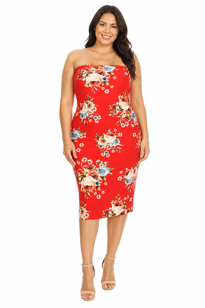 Floral Print Strapless Midi Bodycon Dress