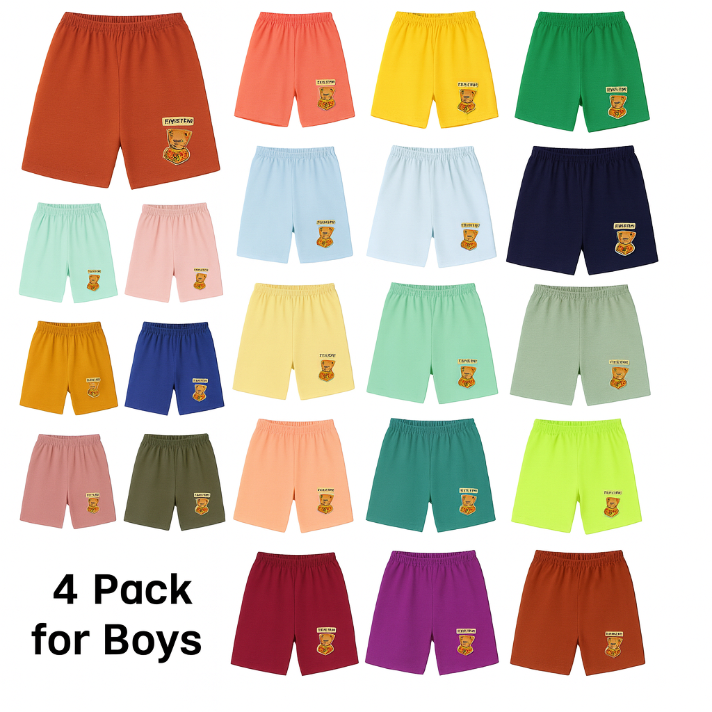 Boys’ Soft Cotton Bear Shorts – 4-Pack (Random Color Mix)