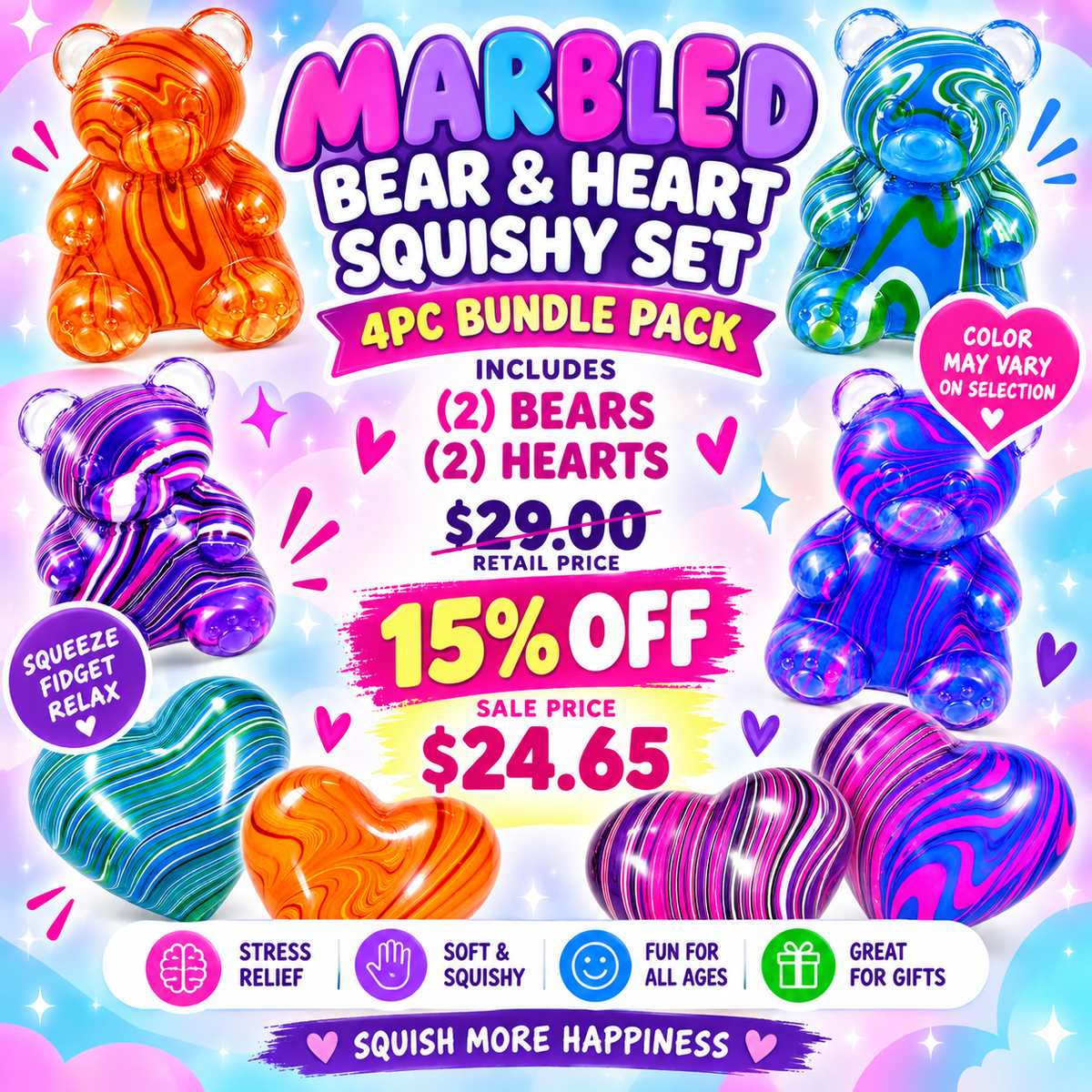 Marbled Bear & Heart Squishy Stress Relief Fidget Toys, 4-Pack