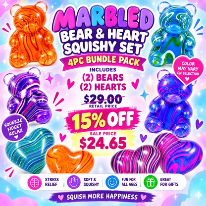 Marbled Bear & Heart Squishy Stress Relief Fidget Toys, 4-Pack