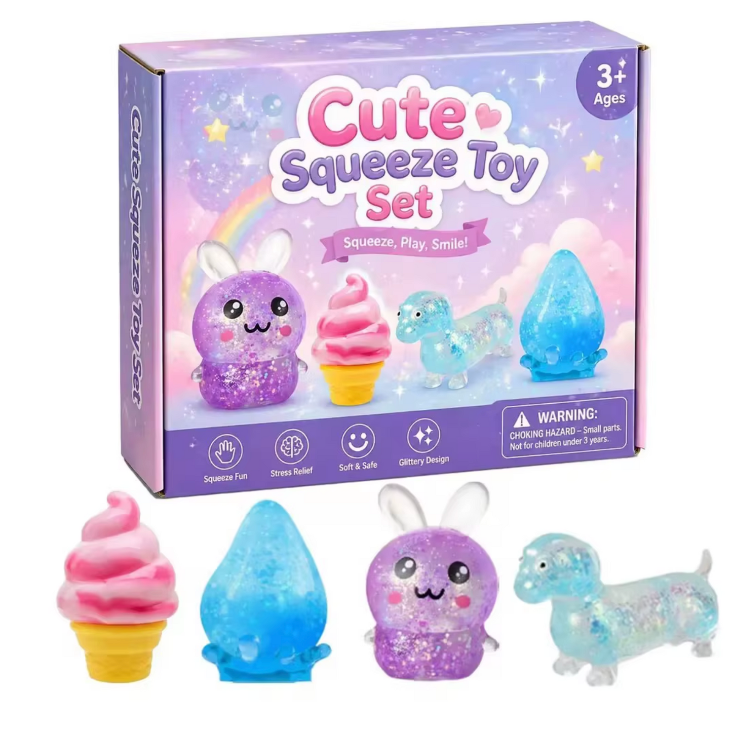 4-Piece Cute Glitter Squeeze Toy Set – Soft Squishy Sensory Fidget Toys