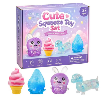 4-Piece Cute Glitter Squeeze Toy Set – Soft Squishy Sensory Fidget Toys