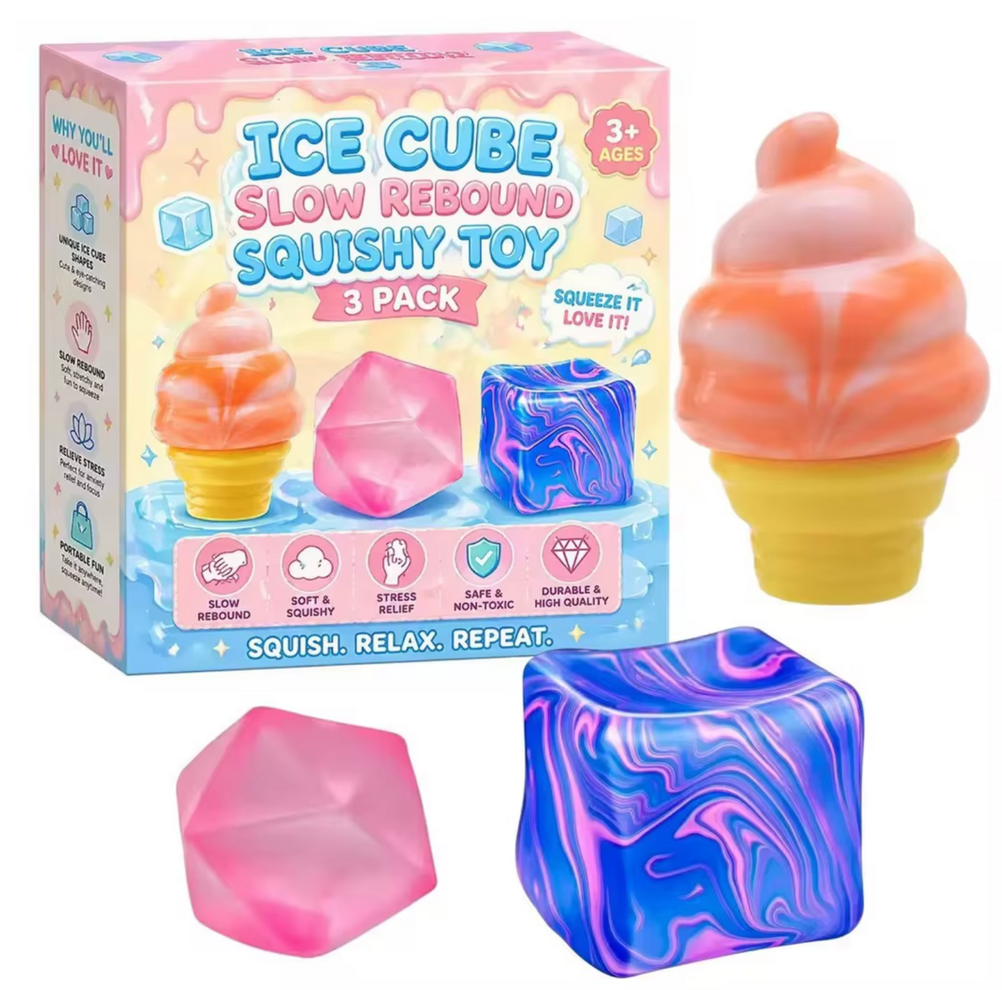 3-Piece Ice Cube Slow Rebound Squishy Toy Set – Sensory Stress Relief Fidget Toys