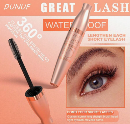 DUNUF 24-Hour Black Waterproof Mascara – Long-Lasting Volumizing & Curling Lash Enhancer