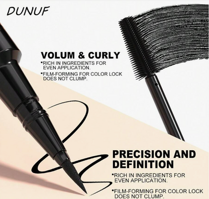 DUNUF 2-in-1 Waterproof Mascara & Liquid Eyeliner – Precision Tip & Volumizing Curl