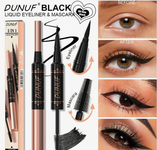 DUNUF 2-in-1 Waterproof Mascara & Liquid Eyeliner – Precision Tip & Volumizing Curl