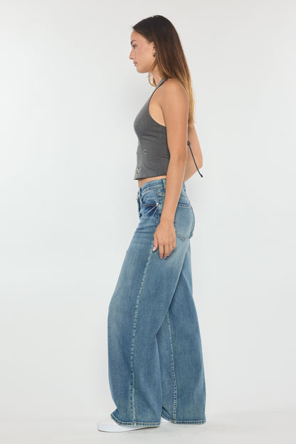 Mid Waist Relaxed Wide Leg Jeans with Heavy Brushed Wash