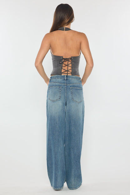 Mid Waist Relaxed Wide Leg Jeans with Heavy Brushed Wash