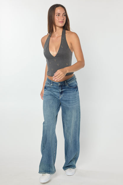 Mid Waist Relaxed Wide Leg Jeans with Heavy Brushed Wash