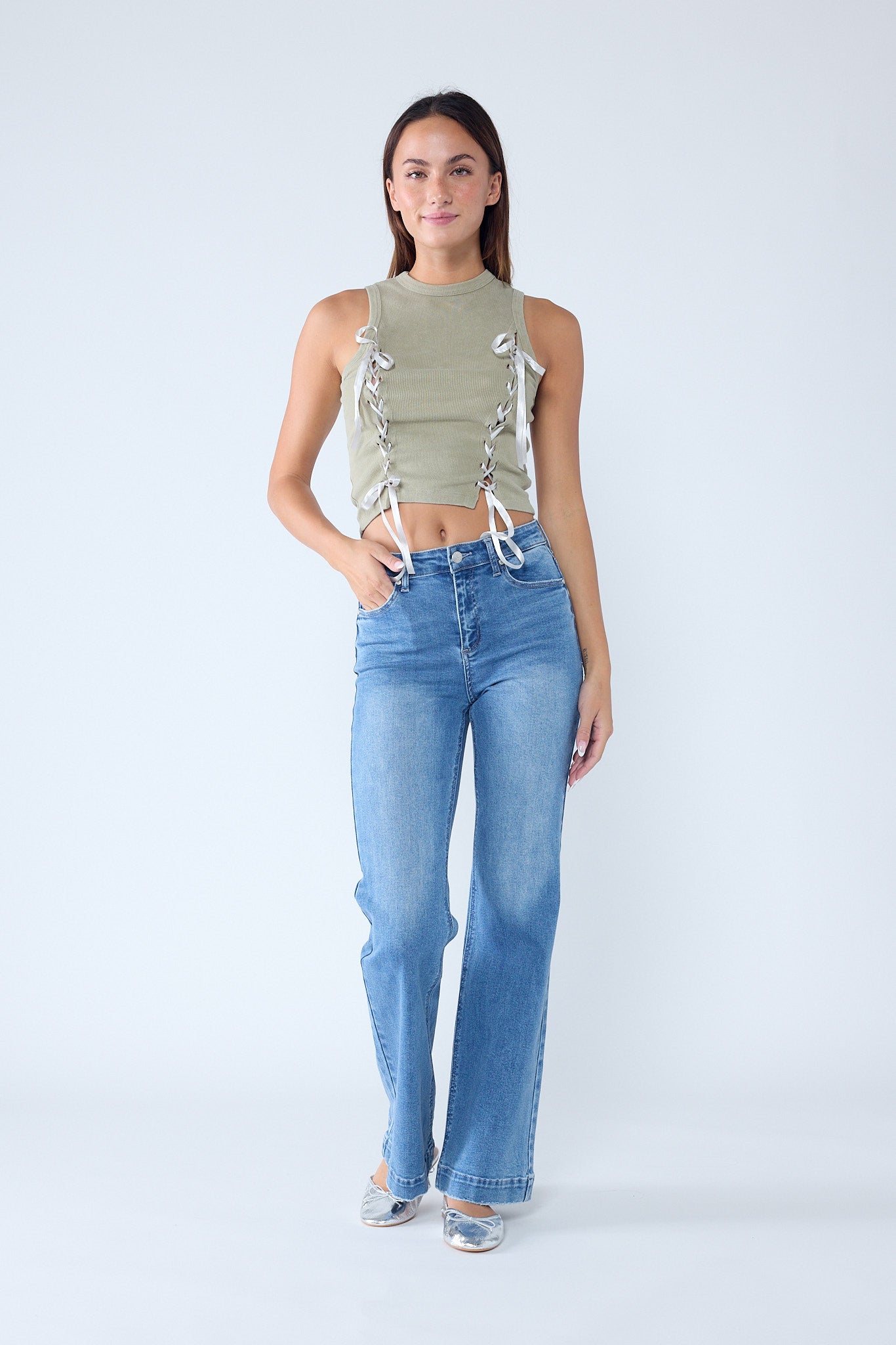 High Rise Destructed Wide Leg Jeans