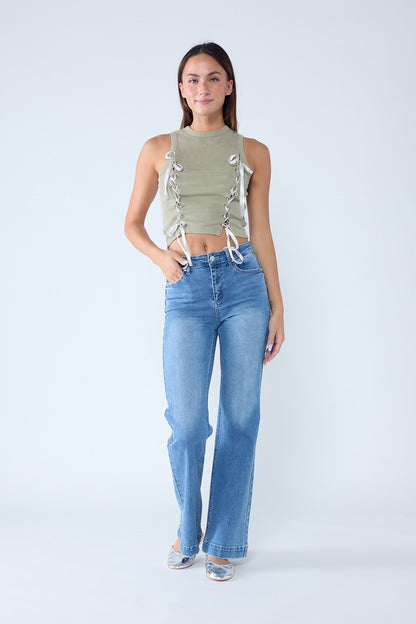 High Rise Destructed Wide Leg Jeans