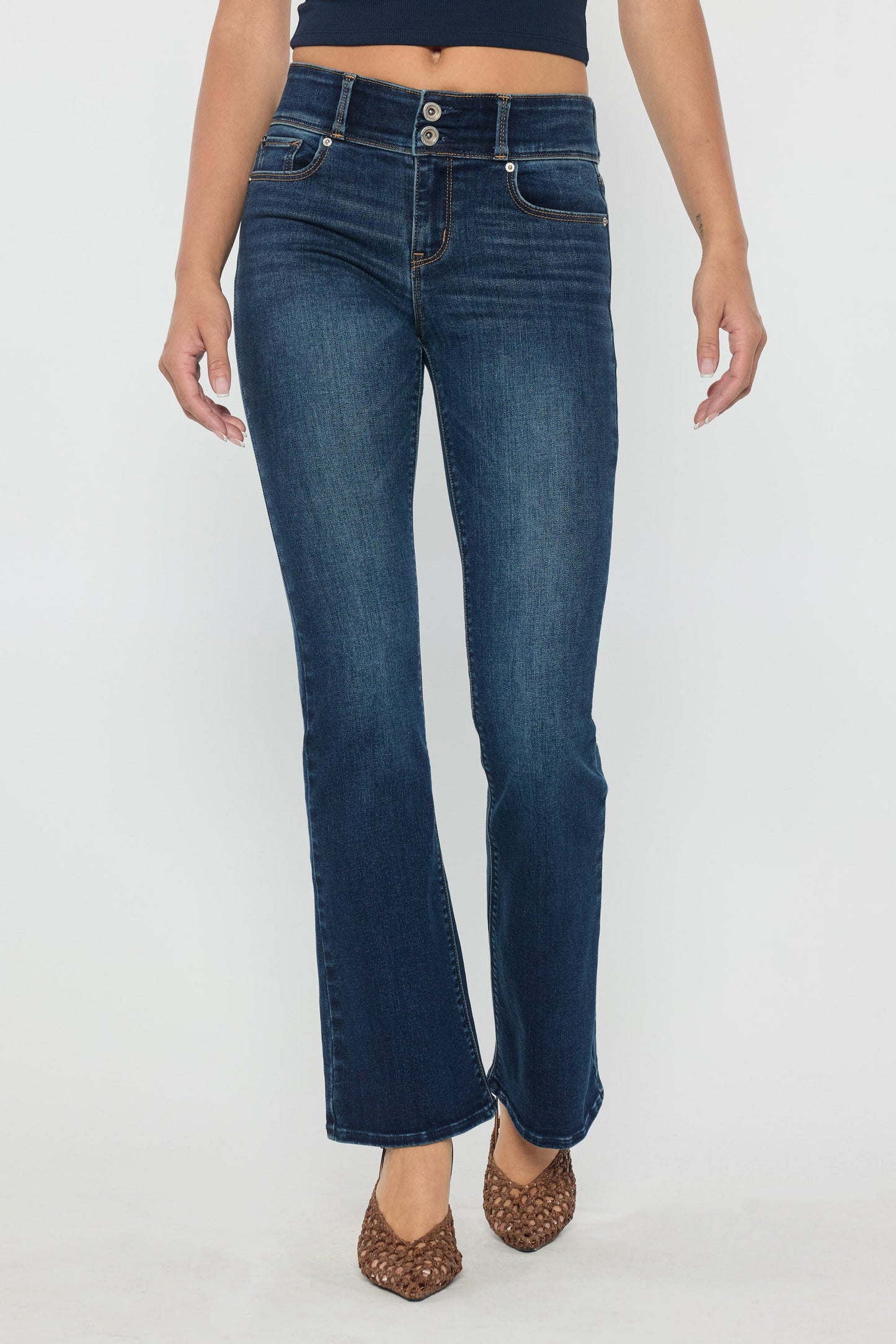 High Rise Two Button Bootcut Jeans