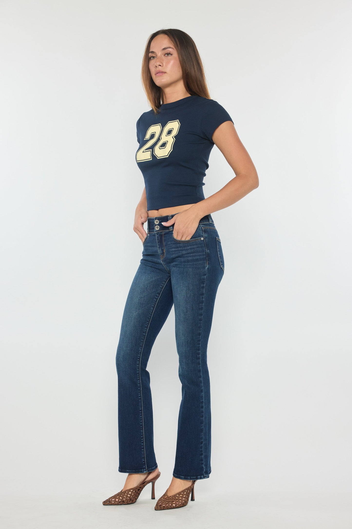 High Rise Two Button Bootcut Jeans