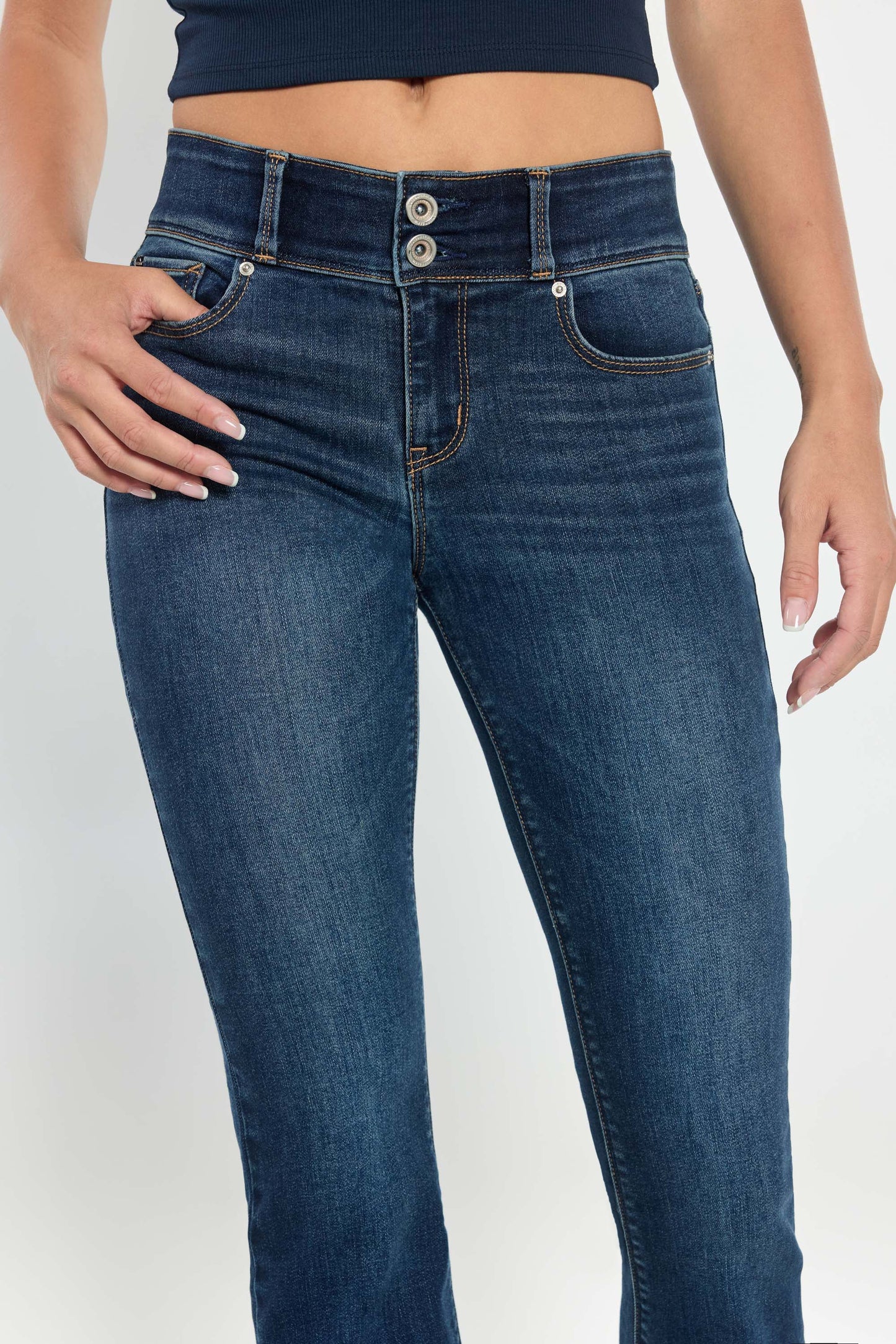 High Rise Two Button Bootcut Jeans