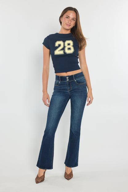 High Rise Two Button Bootcut Jeans