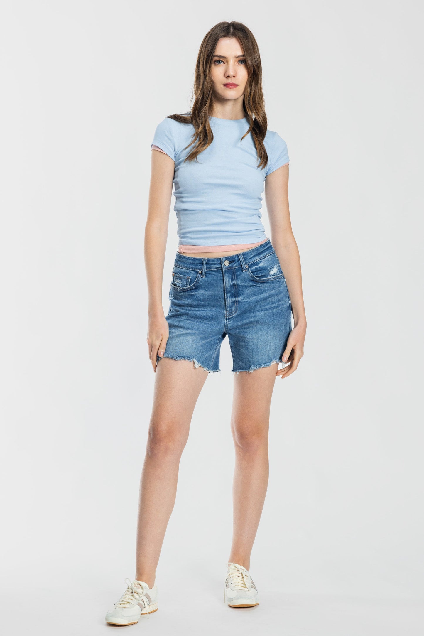 Mid Length Distressed Cut Off Denim Shorts