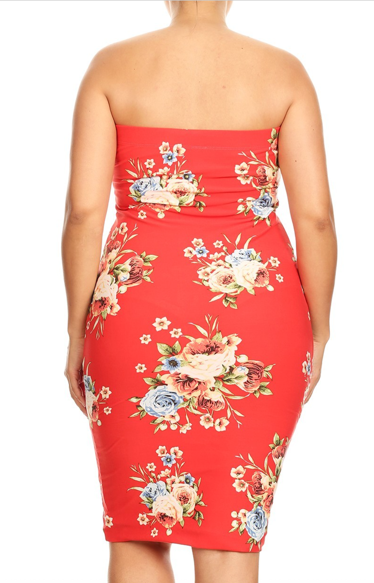 Floral Print Strapless Midi Bodycon Dress
