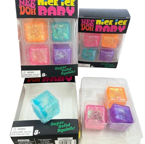 NeeDoh Nice Ice Baby Mini Cube Sensory Fidget Toy – 4-Pack Transparent Squish Set
