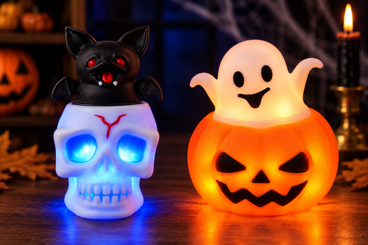 2-Pack Halloween Skull Bat & Pumpkin Ghost Rubber Squeeze Stress Relief Toys – Light-Up or Standard