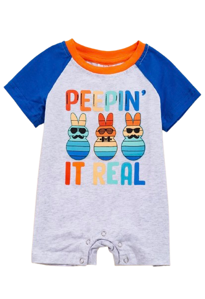 Baby Boys Gray "Peepin' It Real" Easter Bunny Graphic Romper