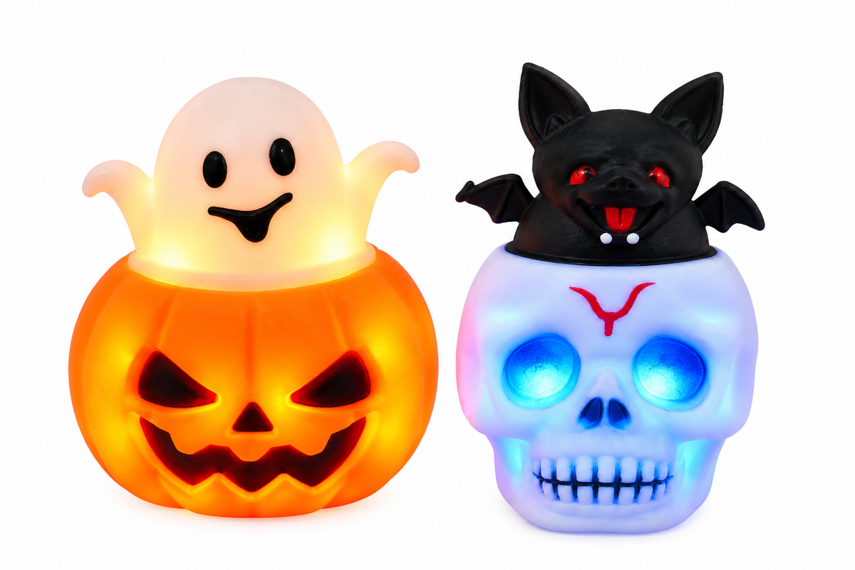 2-Pack Halloween Skull Bat & Pumpkin Ghost Rubber Squeeze Stress Relief Toys – Light-Up or Standard