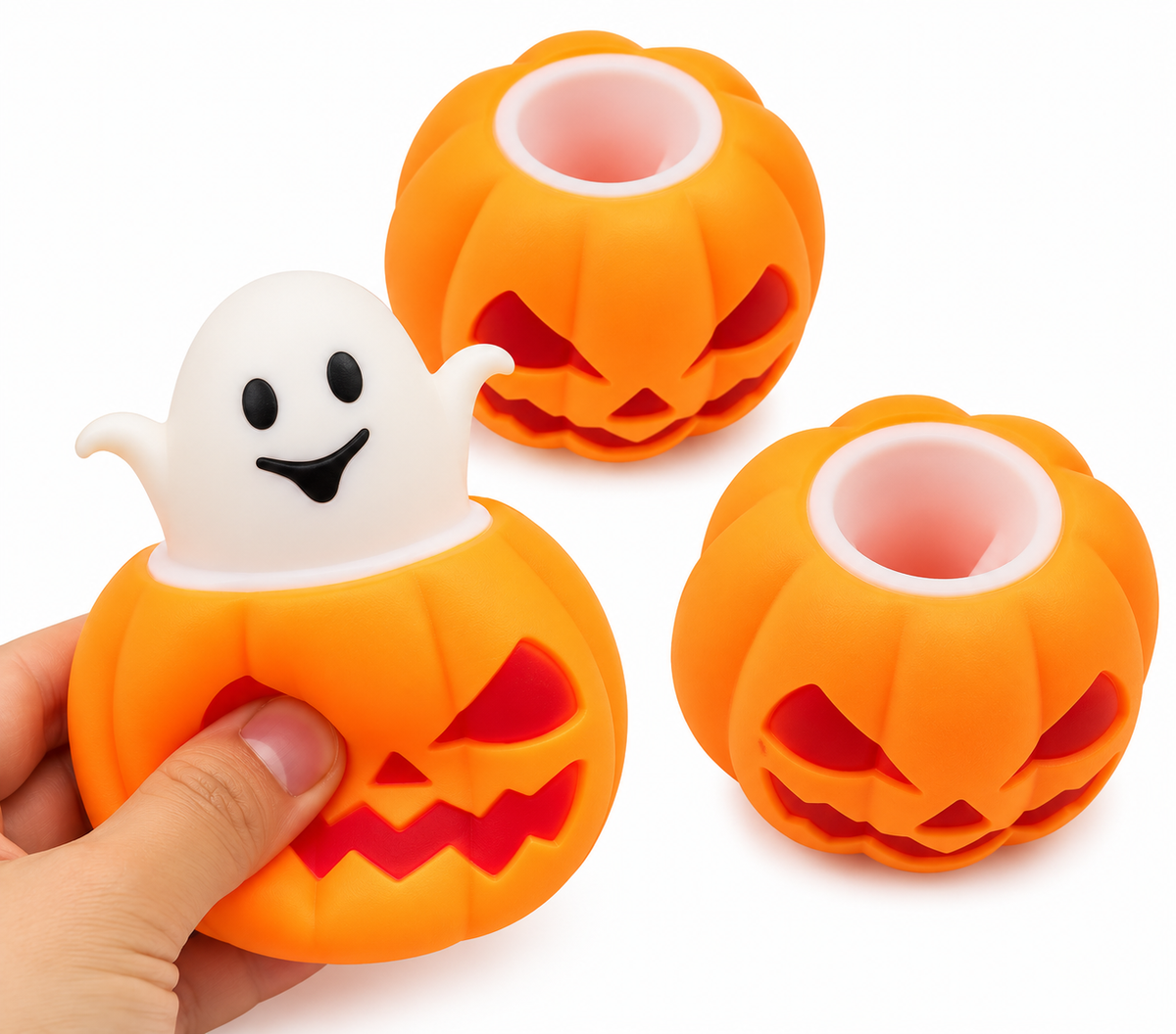 2-Pack Halloween Skull Bat & Pumpkin Ghost Rubber Squeeze Stress Relief Toys – Light-Up or Standard