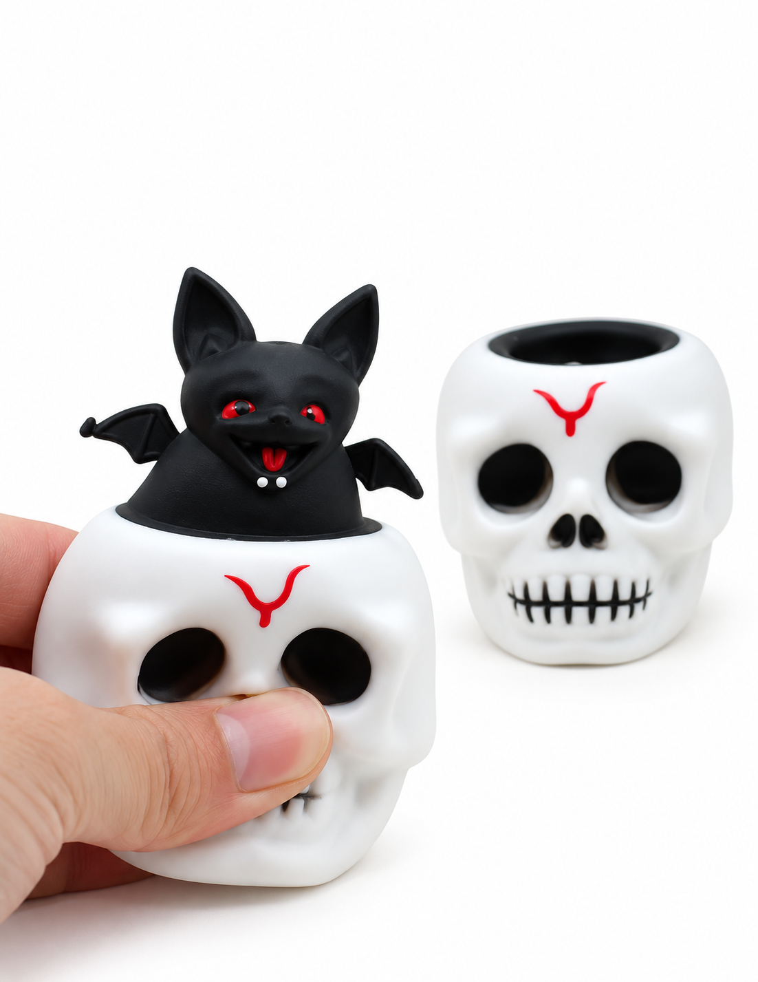2-Pack Halloween Skull Bat & Pumpkin Ghost Rubber Squeeze Stress Relief Toys – Light-Up or Standard