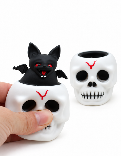 2-Pack Halloween Skull Bat & Pumpkin Ghost Rubber Squeeze Stress Relief Toys – Light-Up or Standard