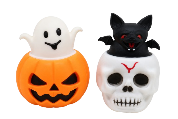 2-Pack Halloween Skull Bat & Pumpkin Ghost Rubber Squeeze Stress Relief Toys – Light-Up or Standard