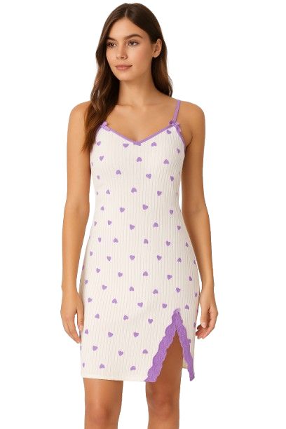 Women's Heart Print Lace-Trim Sleep Dress with Side Slit