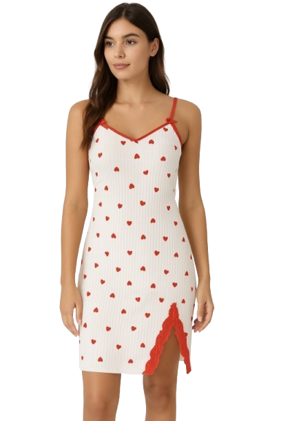 Women's Heart Print Lace-Trim Sleep Dress with Side Slit