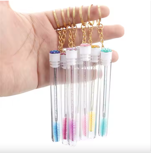 Mini Lash Brush Tube Keychain with Spoolie Wand, Decorative Mascara Brush Holder
