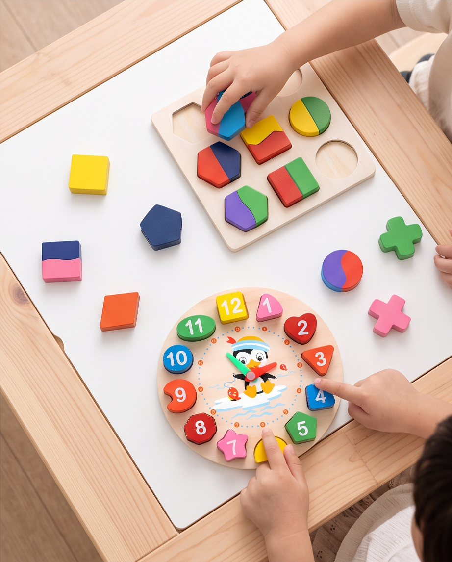3-Pack Educational Wooden Puzzle Set – Shapes, Colors & Clock Learning