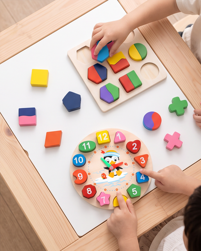 3-Pack Educational Wooden Puzzle Set – Shapes, Colors & Clock Learning