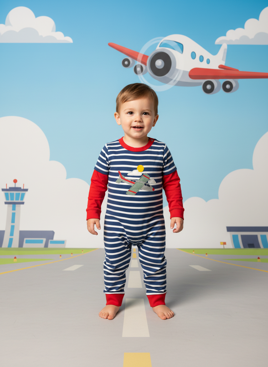 Baby Boys Airplane Striped Long Sleeve Romper – Newborn to 12 Months