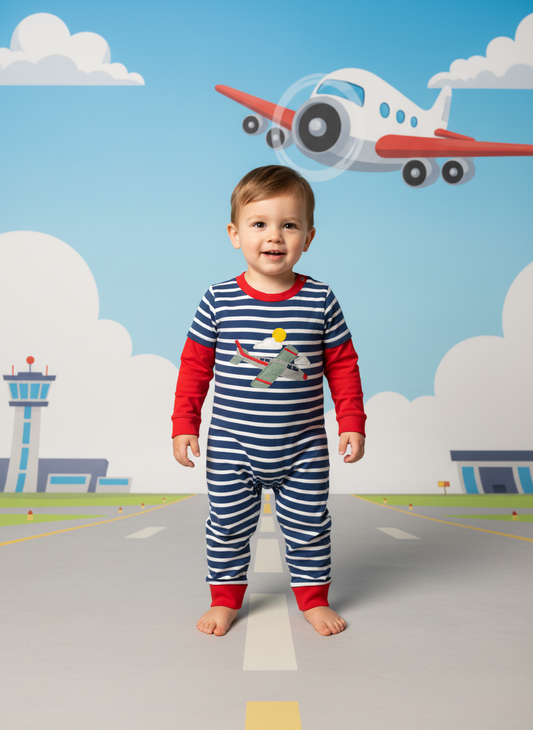 Baby Boys Airplane Striped Long Sleeve Romper – Newborn to 12 Months