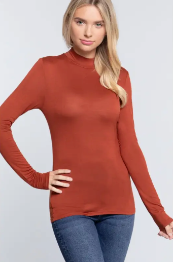Active Basic USA Women Long Sleeve Mock Neck Rayon Spandex Jersey Top