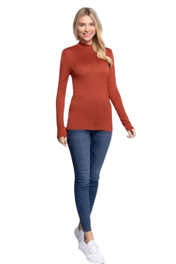 Active Basic USA Women Long Sleeve Mock Neck Rayon Spandex Jersey Top