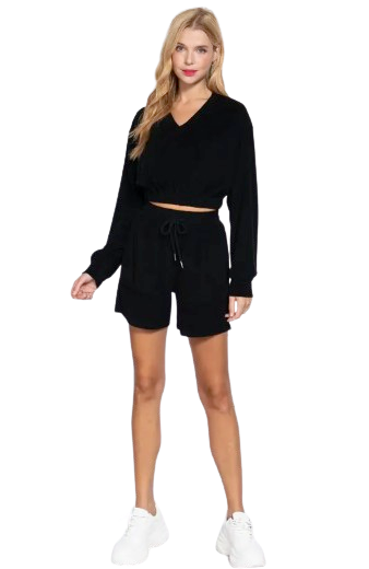 Active Basic USA Women’s Long Sleeve V-Neck Elastic Hem Terry Top