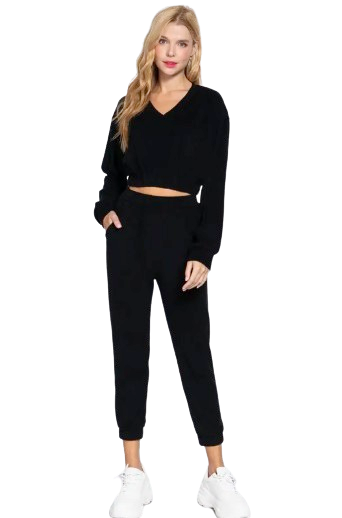 Active Basic USA Women’s Long Sleeve V-Neck Elastic Hem Terry Top