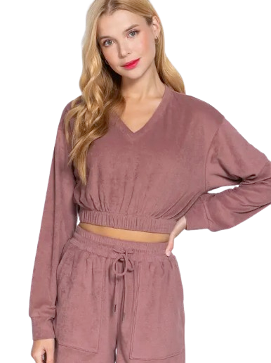Active Basic USA Women’s Long Sleeve V-Neck Elastic Hem Terry Top