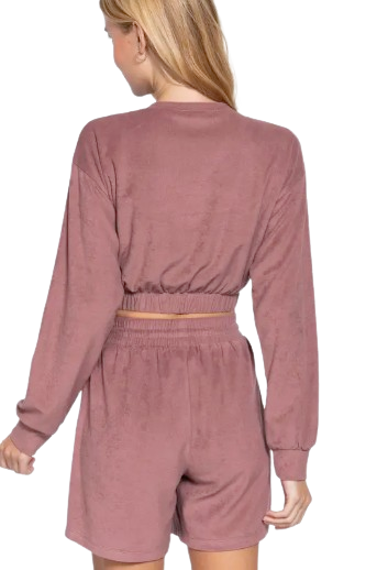 Active Basic USA Women’s Long Sleeve V-Neck Elastic Hem Terry Top