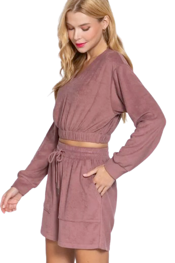 Active Basic USA Women’s Long Sleeve V-Neck Elastic Hem Terry Top