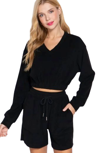 Active Basic USA Women’s Long Sleeve V-Neck Elastic Hem Terry Top
