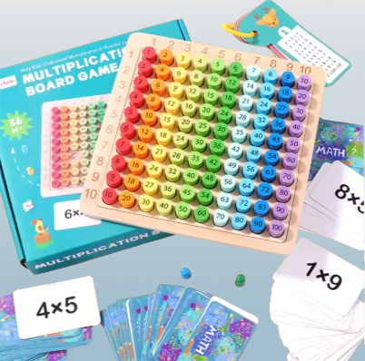 Wooden Multiplication Board Game – Math Learning Toy with Cards and Dice