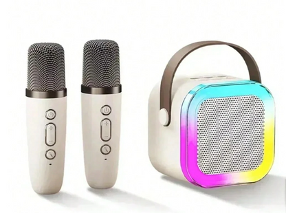 K12 Portable Bluetooth Mini Karaoke Speaker Set with Dual Wireless Microphones & LED Lights