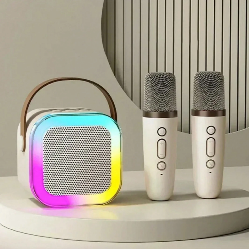 K12 Portable Bluetooth Mini Karaoke Speaker Set with Dual Wireless Microphones & LED Lights