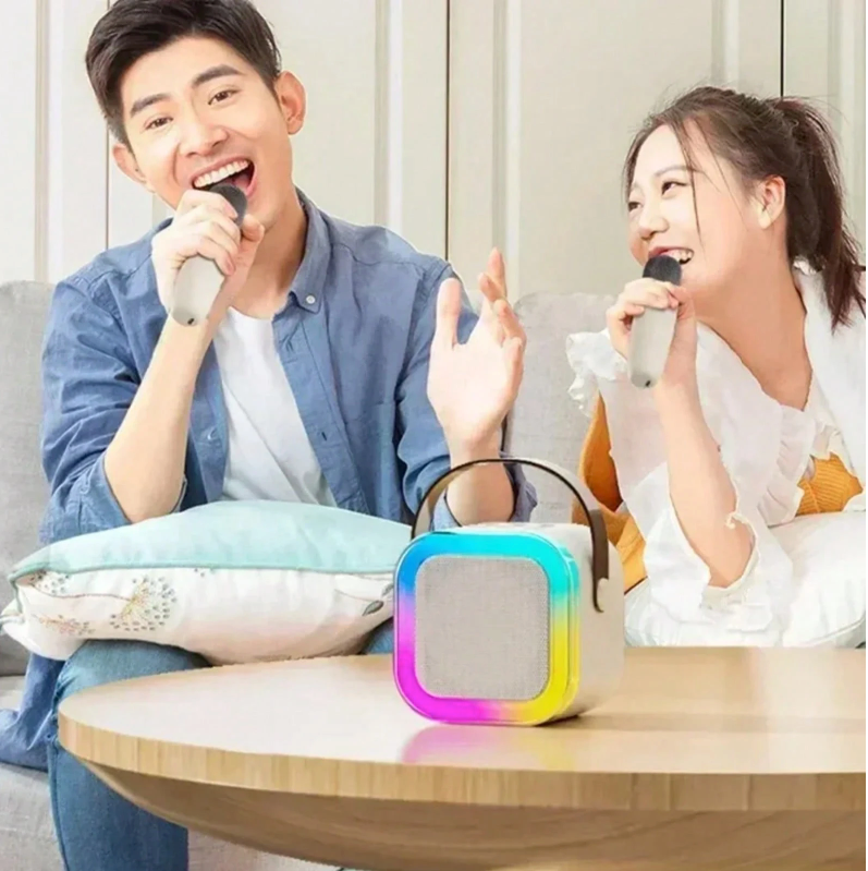 K12 Portable Bluetooth Mini Karaoke Speaker Set with Dual Wireless Microphones & LED Lights