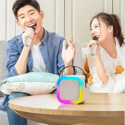 K12 Portable Bluetooth Mini Karaoke Speaker Set with Dual Wireless Microphones & LED Lights